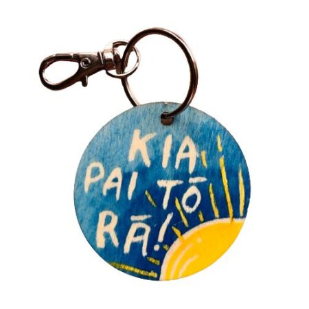 "Kia pai tō rā" blue wooden watercolour painted keyring