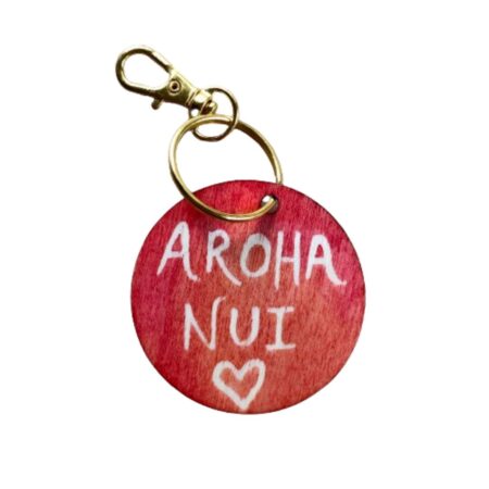 aroha nui much love red wooden keyring